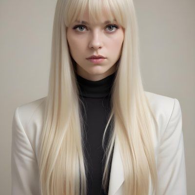 A Young Caucasian Woman With Long Straight Platinum Blonde Hair And Bangs Staring Directly At The Camera With A Serious Expression 23 2c31