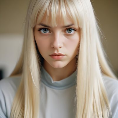 A Young Caucasian Woman With Long Straight Platinum Blonde Hair And Bangs Staring Directly At The Camera With A Serious Expression 25 9299