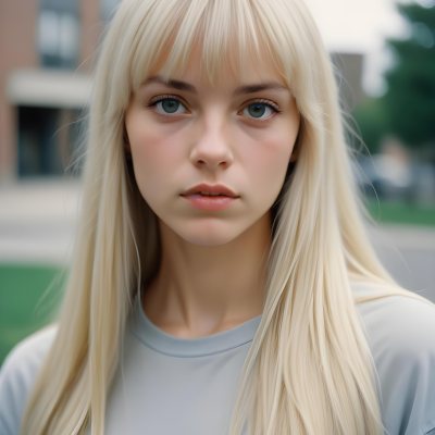 A Young Caucasian Woman With Long Straight Platinum Blonde Hair And Bangs Staring Directly At The Camera With A Serious Expression 27 1726