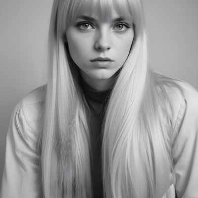 A Young Caucasian Woman With Long Straight Platinum Blonde Hair And Bangs Staring Directly At The Camera With A Serious Expression 3 E00e