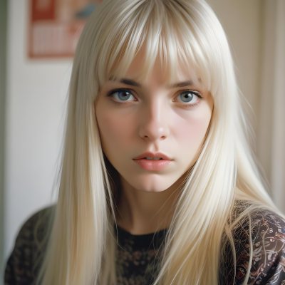 A Young Caucasian Woman With Long Straight Platinum Blonde Hair And Bangs Staring Directly At The Camera With A Serious Expression 31 42cf