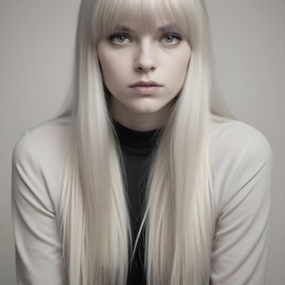 A Young Caucasian Woman With Long Straight Platinum Blonde Hair And Bangs Staring Directly At The Camera With A Serious Expression 6 B924