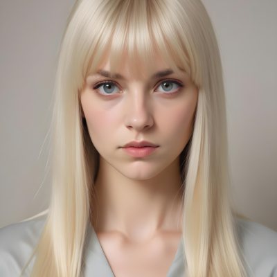 A Young Caucasian Woman With Long Straight Platinum Blonde Hair And Bangs Staring Directly At The Camera With A Serious Expression 8 6124