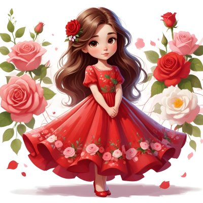 A Young Girl Approximately 8 Years Old With Long Brown Hair And A Red Flower In Her Hair Wearing A Red Dress Adorned With Floral Patterns She Stands Among Pink And Red Roses With Rose Petals Sca 14 2e09