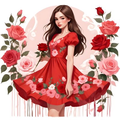 A Young Girl Approximately 8 Years Old With Long Brown Hair And A Red Flower In Her Hair Wearing A Red Dress Adorned With Floral Patterns She Stands Among Pink And Red Roses With Rose Petals Sca 16 Fe29