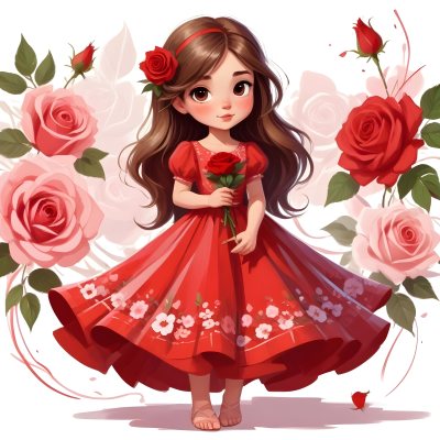 A Young Girl Approximately 8 Years Old With Long Brown Hair And A Red Flower In Her Hair Wearing A Red Dress Adorned With Floral Patterns She Stands Among Pink And Red Roses With Rose Petals Sca 21 D6c5