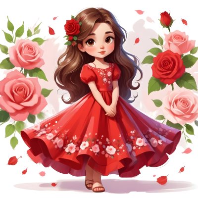 A Young Girl Approximately 8 Years Old With Long Brown Hair And A Red Flower In Her Hair Wearing A Red Dress Adorned With Floral Patterns She Stands Among Pink And Red Roses With Rose Petals Sca 24 3287