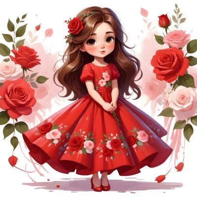A Young Girl Approximately 8 Years Old With Long Brown Hair And A Red Flower In Her Hair Wearing A Red Dress Adorned With Floral Patterns She Stands Among Pink And Red Roses With Rose Petals Sca 27 C7fa