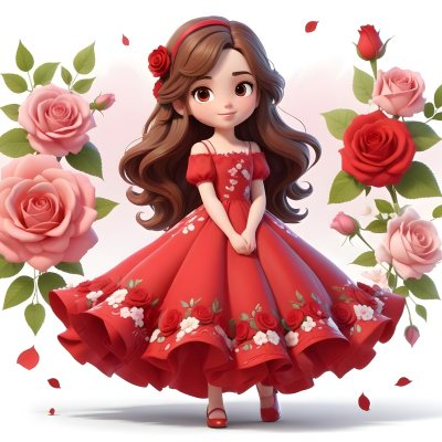 A Young Girl Approximately 8 Years Old With Long Brown Hair And A Red Flower In Her Hair Wearing A Red Dress Adorned With Floral Patterns She Stands Among Pink And Red Roses With Rose Petals Sca 32 4225