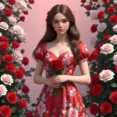 A Young Girl Approximately 8 Years Old With Long Brown Hair And A Red Flower In Her Hair Wearing A Red Dress Adorned With Floral Patterns She Stands Among Pink And Red Roses With Rose Petals Sca 35 A98d