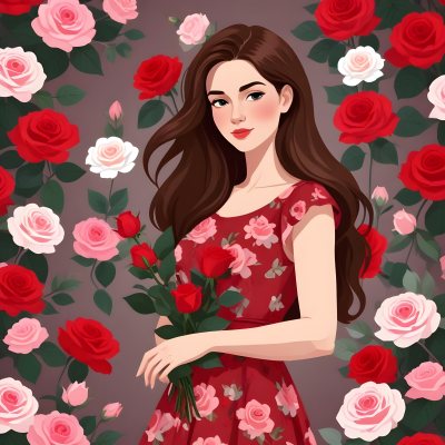 A Young Girl Approximately 8 Years Old With Long Brown Hair And A Red Flower In Her Hair Wearing A Red Dress Adorned With Floral Patterns She Stands Among Pink And Red Roses With Rose Petals Sca 40 5e99