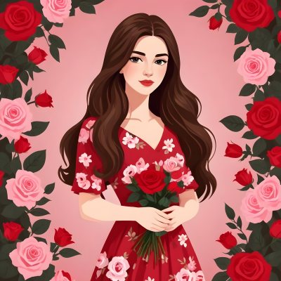 A Young Girl Approximately 8 Years Old With Long Brown Hair And A Red Flower In Her Hair Wearing A Red Dress Adorned With Floral Patterns She Stands Among Pink And Red Roses With Rose Petals Sca 41 9b0e