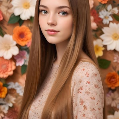A Young Woman With Long Straight Light Brown Hair Standing In Front Of A Floral Background 12 87be