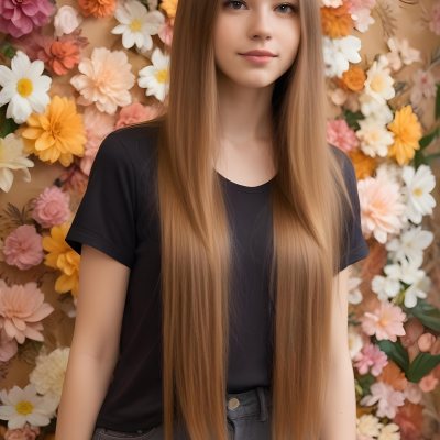 A Young Woman With Long Straight Light Brown Hair Standing In Front Of A Floral Background 13 Be8b