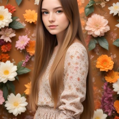 A Young Woman With Long Straight Light Brown Hair Standing In Front Of A Floral Background 14 3ede