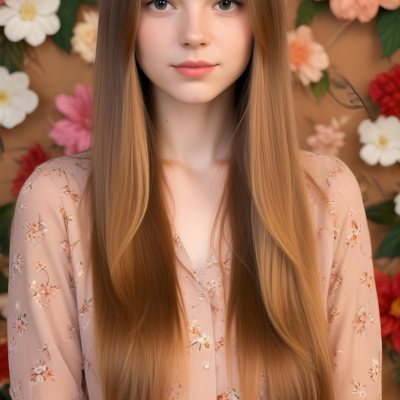 A Young Woman With Long Straight Light Brown Hair Standing In Front Of A Floral Background 15 049b