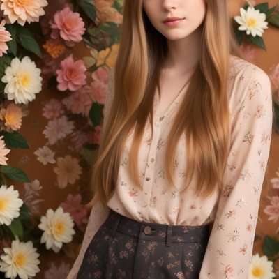 A Young Woman With Long Straight Light Brown Hair Standing In Front Of A Floral Background 17 997b
