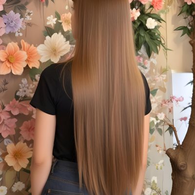 A Young Woman With Long Straight Light Brown Hair Standing In Front Of A Floral Background 4 21af