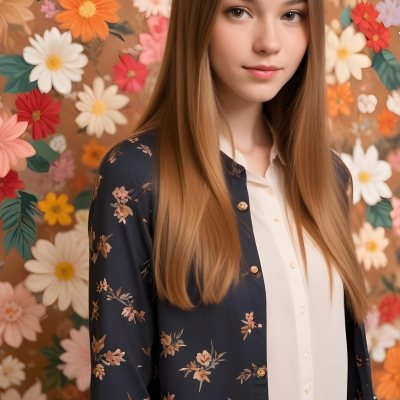 A Young Woman With Long Straight Light Brown Hair Standing In Front Of A Floral Background 5 76df