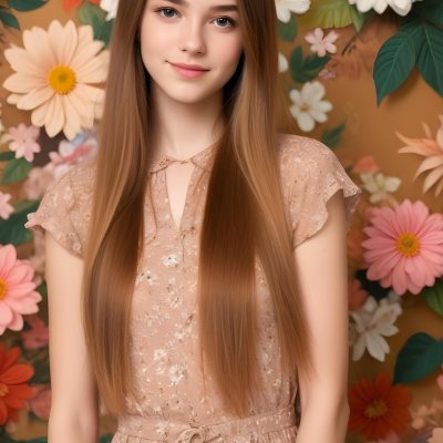 A Young Woman With Long Straight Light Brown Hair Standing In Front Of A Floral Background 7 864f