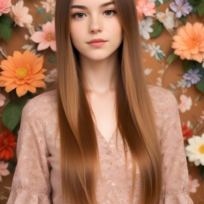 A Young Woman With Long Straight Light Brown Hair Standing In Front Of A Floral Background 9 2285
