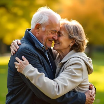 An Elderly Caucasian Couple Embracing And Smiling Affectionately The