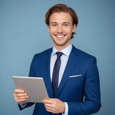 Caucasian Man In His 30s With Light Brown Hair Wearing A Blue Suit And Tie Smiling While Holding A Blank Tablet In Front Of Him Against A Light Blue Background 4 Fa3f