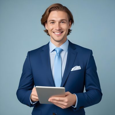 Caucasian Man In His 30s With Light Brown Hair Wearing A Blue Suit And Tie Smiling While Holding A Blank Tablet In Front Of Him Against A Light Blue Background 7 B2c2