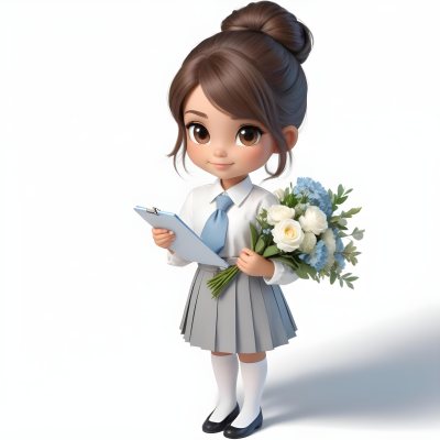 Colorful Flat Illustration Classical Animes A Young Girl With Light Brown Skin And Long Brown Hair Styled In A Bun Wearing A White Blouse With A Blue Tie And A Gray Pleated Skirt She Holds A Clipboard In One Hand And 12 D45c