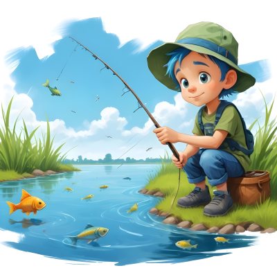 Digital Painting A Caucasian Boy Age 7 With Blue Hair And A Blue Hat Fishing In A River With Some Fishes Green Grass And Blue Sky Bold And Slim Lines Brush Strokes 2 2503