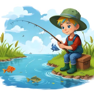 Digital Painting A Caucasian Boy Age 7 With Blue Hair And A Blue Hat Fishing In A River With Some Fishes Green Grass And Blue Sky Bold And Slim Lines Brush Strokes 3 62d7