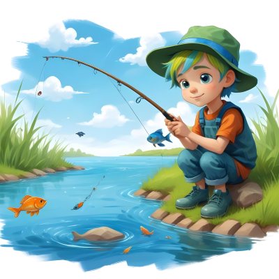 Digital Painting A Caucasian Boy Age 7 With Blue Hair And A Blue Hat Fishing In A River With Some Fishes Green Grass And Blue Sky Bold And Slim Lines Brush Strokes 4 A1e4