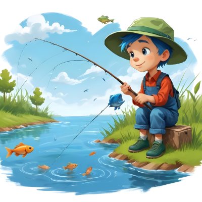 Digital Painting A Caucasian Boy Age 7 With Blue Hair And A Blue Hat Fishing In A River With Some Fishes Green Grass And Blue Sky Bold And Slim Lines Brush Strokes 5 3e7e