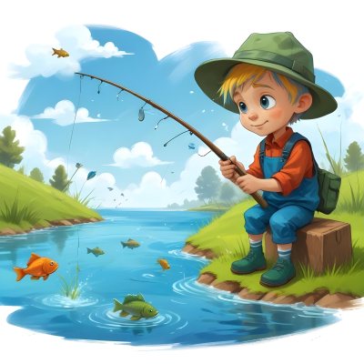 Digital Painting A Caucasian Boy Age 7 With Blue Hair And A Blue Hat Fishing In A River With Some Fishes Green Grass And Blue Sky Bold And Slim Lines Brush Strokes 7 B5b7
