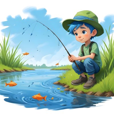 Digital Painting A Caucasian Boy Age 7 With Blue Hair And A Blue Hat Fishing In A River With Some Fishes Green Grass And Blue Sky Bold And Slim Lines Brush Strokes 8 74c8