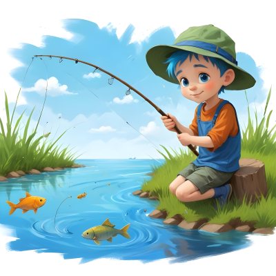 Digital Painting A Caucasian Boy Age 7 With Blue Hair And A Blue Hat Fishing In A River With Some Fishes Green Grass And Blue Sky Bold And Slim Lines Brush Strokes 9 Ad6f