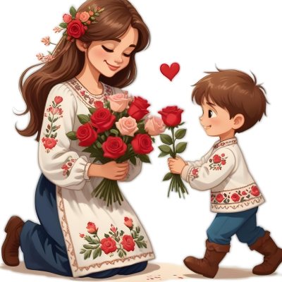 Digital Painting A Woman With Long Brown Hair Wearing A Traditional Embroidered Dress Is Kneeling And Receiving A Bouquet Of Roses From A Young Boy With Short Brown Hair The Boy Is Wearing A Similar Embroidered Shirt An 14 59a3