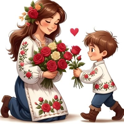 Digital Painting A Woman With Long Brown Hair Wearing A Traditional Embroidered Dress Is Kneeling And Receiving A Bouquet Of Roses From A Young Boy With Short Brown Hair The Boy Is Wearing A Similar Embroidered Shirt An 19 61d5