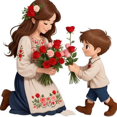 Digital Painting A Woman With Long Brown Hair Wearing A Traditional Embroidered Dress Is Kneeling And Receiving A Bouquet Of Roses From A Young Boy With Short Brown Hair The Boy Is Wearing A Similar Embroidered Shirt An 22 D8dd