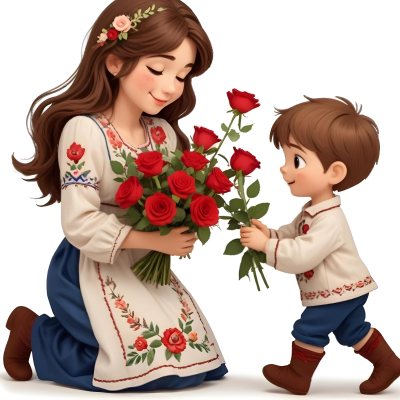 Digital Painting A Woman With Long Brown Hair Wearing A Traditional Embroidered Dress Is Kneeling And Receiving A Bouquet Of Roses From A Young Boy With Short Brown Hair The Boy Is Wearing A Similar Embroidered Shirt An 26 2656