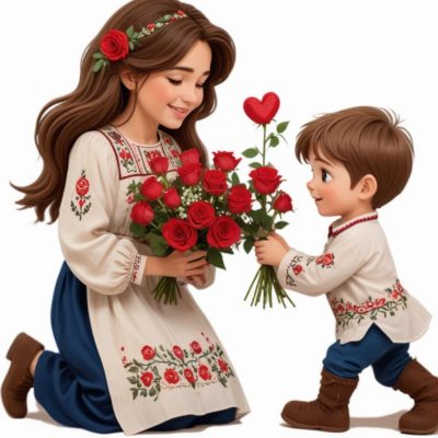 Digital Painting A Woman With Long Brown Hair Wearing A Traditional Embroidered Dress Is Kneeling And Receiving A Bouquet Of Roses From A Young Boy With Short Brown Hair The Boy Is Wearing A Similar Embroidered Shirt An 28 Ad7b