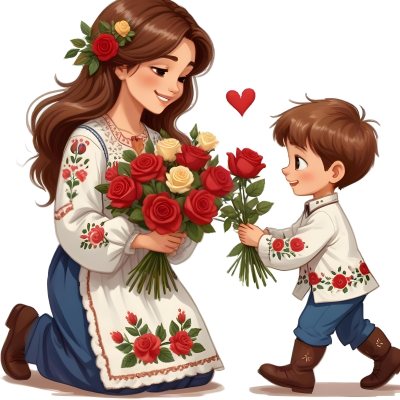 Digital Painting A Woman With Long Brown Hair Wearing A Traditional Embroidered Dress Is Kneeling And Receiving A Bouquet Of Roses From A Young Boy With Short Brown Hair The Boy Is Wearing A Similar Embroidered Shirt An 55 961e