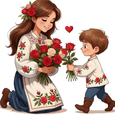 Digital Painting A Woman With Long Brown Hair Wearing A Traditional Embroidered Dress Is Kneeling And Receiving A Bouquet Of Roses From A Young Boy With Short Brown Hair The Boy Is Wearing A Similar Embroidered Shirt An 6 0fa2