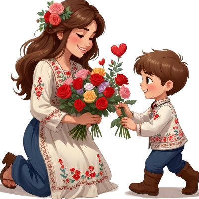 Digital Painting A Woman With Long Brown Hair Wearing A Traditional Embroidered Dress Is Kneeling And Receiving A Bouquet Of Roses From A Young Boy With Short Brown Hair The Boy Is Wearing A Similar Embroidered Shirt An 60 Abd0