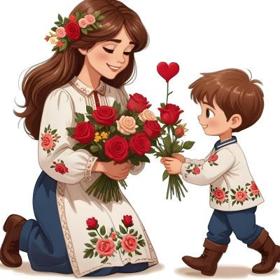 Digital Painting A Woman With Long Brown Hair Wearing A Traditional Embroidered Dress Is Kneeling And Receiving A Bouquet Of Roses From A Young Boy With Short Brown Hair The Boy Is Wearing A Similar Embroidered Shirt An 7 4101
