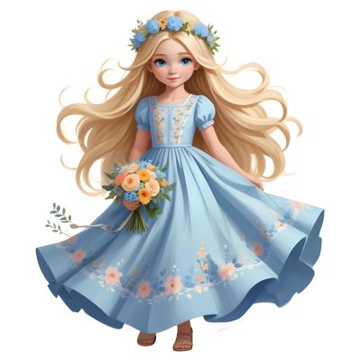Digital Painting A Young Girl With Long Flowing Blonde Hair And Blue Eyes Wearing A Light Blue Dress Adorned With Floral Patterns She Holds A Bouquet Of Flowers And Wears A Floral Crown The Dress Has A Flared Skirt 21 C4e3