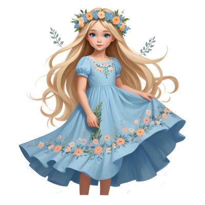 Digital Painting A Young Girl With Long Flowing Blonde Hair And Blue Eyes Wearing A Light Blue Dress Adorned With Floral Patterns She Holds A Bouquet Of Flowers And Wears A Floral Crown The Dress Has A Flared Skirt 23 97c2