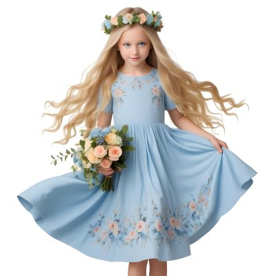 Digital Painting A Young Girl With Long Flowing Blonde Hair And Blue Eyes Wearing A Light Blue Dress Adorned With Floral Patterns She Holds A Bouquet Of Flowers And Wears A Floral Crown The Dress Has A Flared Skirt 3 F29a