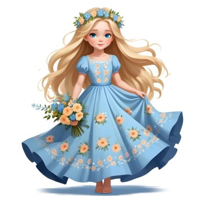 Digital Painting A Young Girl With Long Flowing Blonde Hair And Blue Eyes Wearing A Light Blue Dress Adorned With Floral Patterns She Holds A Bouquet Of Flowers And Wears A Floral Crown The Dress Has A Flared Skirt 32 Ba55