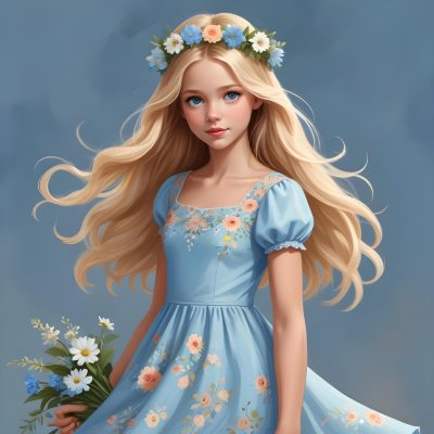 Digital Painting A Young Girl With Long Flowing Blonde Hair And Blue Eyes Wearing A Light Blue Dress Adorned With Floral Patterns She Holds A Bouquet Of Flowers And Wears A Floral Crown The Dress Has A Flared Skirt 34 5ac1